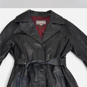 Wilsons Leather Black Leather Trench Coat with Burgundy insulated Lining